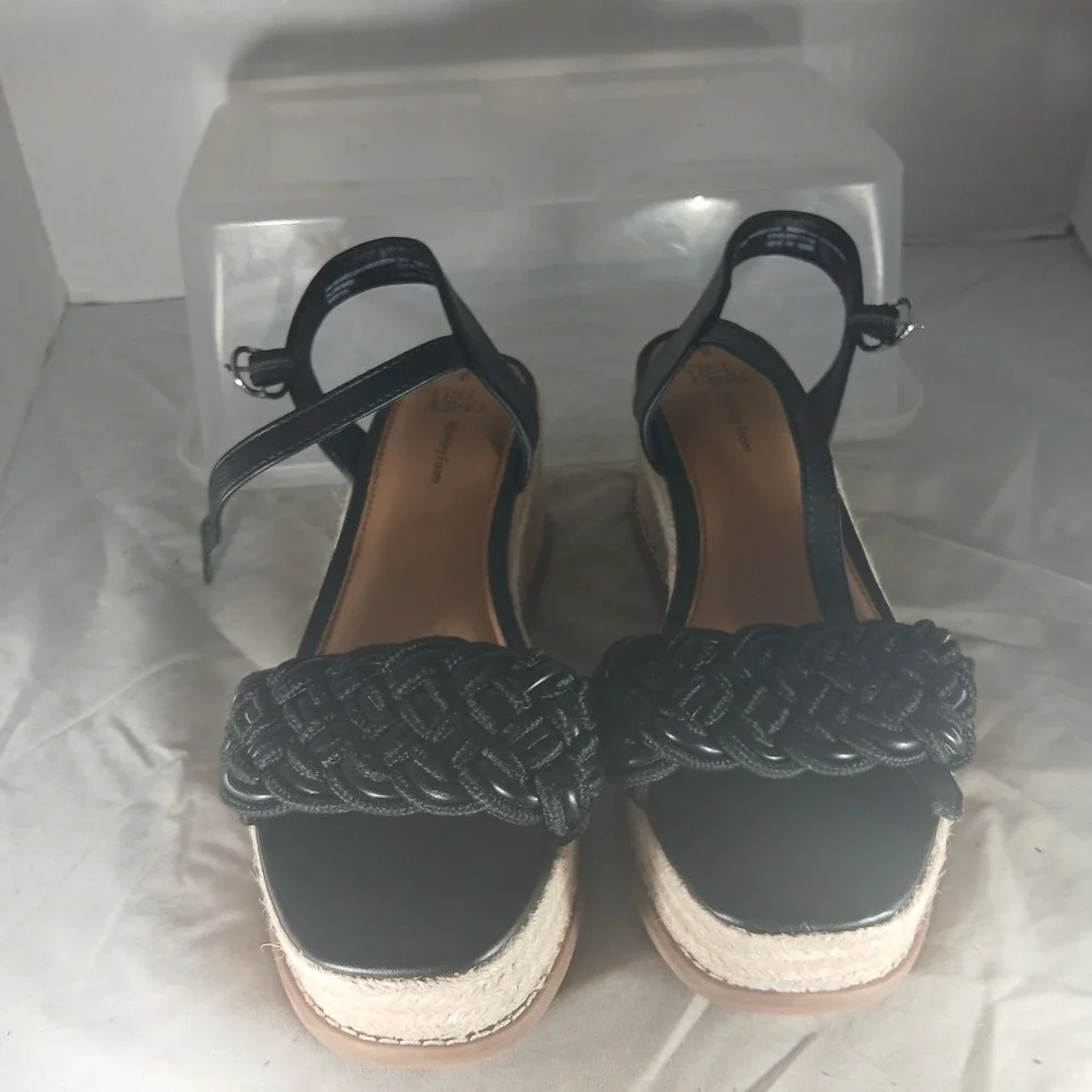 Time and Tru Wedge Sandals 8 Black‎ Braided Espadrille Platform Memory Foam Boho